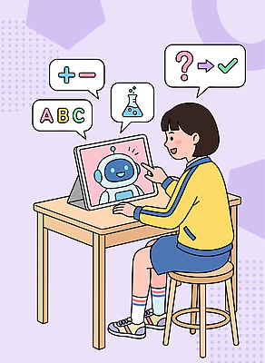 학생 교육 가구 관계 말하기 사람 전자제품 스마트기기 강의 파일형식 벡터 언택트 로봇 학습 태블릿 대화 책상 오후 과학 문제 친구 기술 반응 실험 수업 컴퓨터 질문 대답 국내일러스트 AI파일 일러스트 온라인강의 초등학생