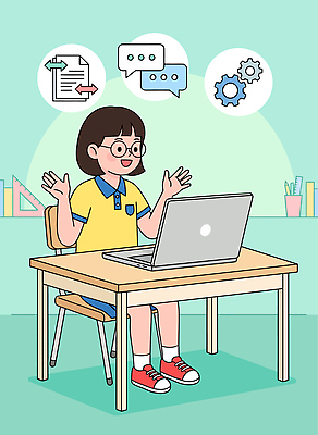 학생 교육 초등학생 일러스트 모션 수업 기술 실내 대화 노트북 학습 컴퓨터 스크린 책상 즐거움 문서 소프트웨어 온라인강의 의사소통 채팅 국내일러스트 AI파일 감정 가구 말하기 사람 내부 전자제품 강의 파일형식 벡터 언택트