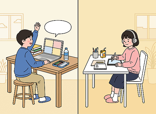 학생 교육 초등학생 일러스트 교실 청소년 선물 책 친구 학습 컴퓨터 헤드폰 공책 기록 균형 물병 집중 학습도구 손흔들기 온라인강의 국내일러스트 AI파일 음향기기 컨셉 학교 관계 모션 문구용품 사람 전자제품 강의 물통 교육용품 파일형식 벡터 언택트