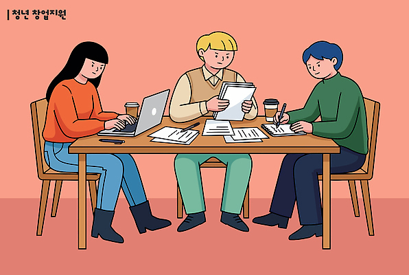 학생 커피 일러스트 탁자 회의 협력 아이디어 실내 대화 여러명 청년 노트북 사무실 모임 기록 작업 집중 문서 창업 의사소통 창업지원 국내일러스트 AI파일 음료 가구 다수 컨셉 비즈니스 말하기 사람 성인 내부 전자제품 자영업 지원 파일형식 벡터