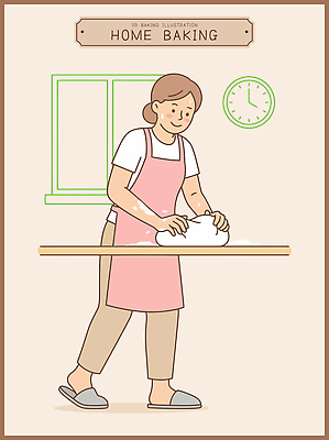 손 여자 시계 일러스트 가정 탁자 주방용품 요리 주방 앞치마 도구 뜨거움 반죽 밀가루 홈베이킹 제빵 나무탁자 식사준비 국내일러스트 AI파일 가구 생활용품 사람 신체부위 제과제빵 가루 준비 파일형식 벡터