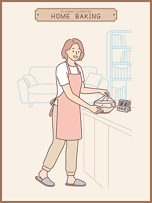 가구 생활용품 모션 내부 제과제빵 제빵 파일형식 벡터 주방 사람 반죽 앞치마 주방용품 책장 요리 재료 가정 주말 혼자 도구 실내 식사 건강 만들기 AI파일 국내일러스트 일러스트 홈베이킹