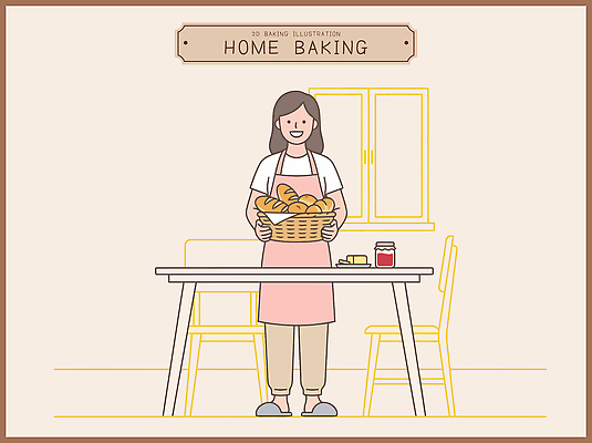 여자 음식 빵 일러스트 가정 탁자 디저트 따뜻함 요리 일상 바구니 주방 식사 앞치마 잼 홈베이킹 국내일러스트 AI파일 가구 사람 라이프 소스_음식 제빵 파일형식 벡터