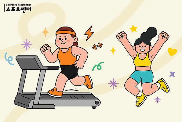 여자 남자 스포츠 다이어트 일러스트 모션 건강 운동복 청춘 달리기 운동 운동기구 헬스 기쁨 에너지 즐거움 체육관 런닝머신 스포츠센터 국내일러스트 AI파일 옷 감정 컨셉 사람 파일형식 벡터