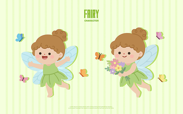 캐릭터 꽃 행복 어린이 나비 일러스트 동화 요정 표정 웃음 소녀 연두색 꿈 비행 일러캐릭터 AI파일 식물 여자 감정 곤충 사람 초록색 파일형식 벡터