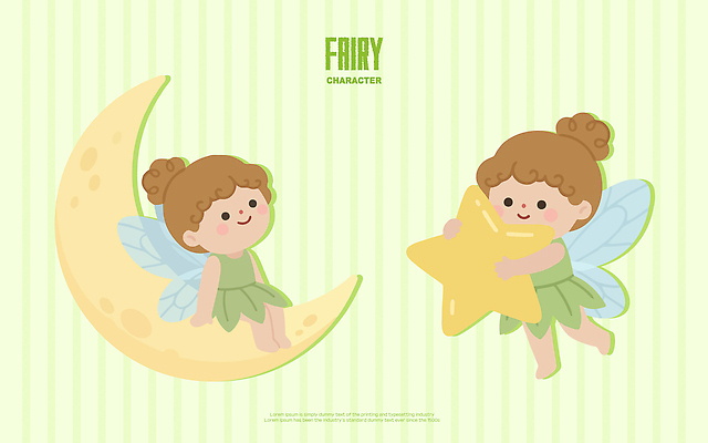 자연요소 캐릭터 컬러 모션 상상 표정 사람 파일형식 벡터 요정 달 별 초록색 어린이 판타지 앉기 웃음 상상력 꿈 일러스트 AI파일 일러캐릭터