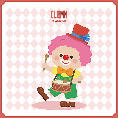 캐릭터 감정 컬러 컨셉 문화예술 타악기 표정 사람 이벤트 파일형식 벡터 드럼 어린이 공연 분홍색 빨간색 음악 즐거움 포즈 웃음 아기자기 장난 파티 일러스트 AI파일 일러캐릭터 피에로