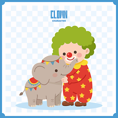 동물 캐릭터 어린이 일러스트 코끼리 웃음 장식 친구 귀여움 놀이공원 만남 피에로 서커스 즐거움 교감 코미디언 Clown Circus 일러캐릭터 AI파일 직업 감정 컨셉 포유류 관계 표정 사람 테마파크 파일형식 벡터