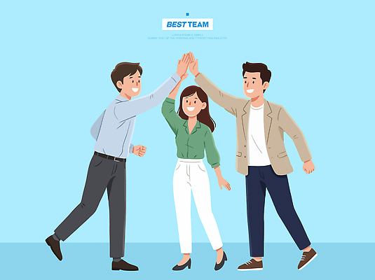 옷 여자 남자 감정 다수 컨셉 비즈니스 관계 표정 사람 손짓 직장인 파일형식 벡터 협력 하이파이브 기쁨 여러명 웃음 친목 사무실 모션 긍정적 축하 동료 성공 그룹 국내일러스트 일러스트 AI파일 정장 비즈니스우먼 비즈니스맨