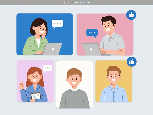 여자 남자 감정 일러스트 회의 커뮤니케이션 표정 이야기 대화 사람 컴퓨터 디지털 스크린 기계 예절 메시지 디지털비즈니스 소통 반응 소셜미디어 화상통화 국내일러스트 AI파일 컨셉 비즈니스 말하기 전자제품 통화 파일형식 벡터