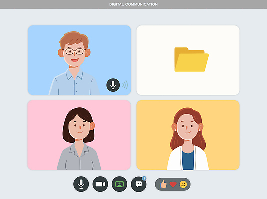 음향기기 컨셉 비즈니스 모션 말하기 전자제품 통화 파일형식 벡터 디지털 커뮤니케이션 영상 사람 소통 마이크 화상통화 스크린 그룹 온라인 회의 컴퓨터 기술 장면 대화 직원 국내일러스트 일러스트 AI파일 디지털비즈니스
