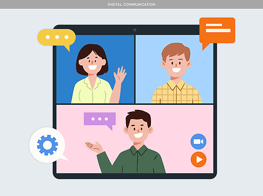 감정 일러스트 회의 커뮤니케이션 협력 기술 이야기 대화 여러명 디지털 스크린 기계 연결 디지털비즈니스 온라인 소통 채팅 화상 화상통화 국내일러스트 AI파일 다수 컨셉 비즈니스 말하기 사람 상처 통화 파일형식 벡터