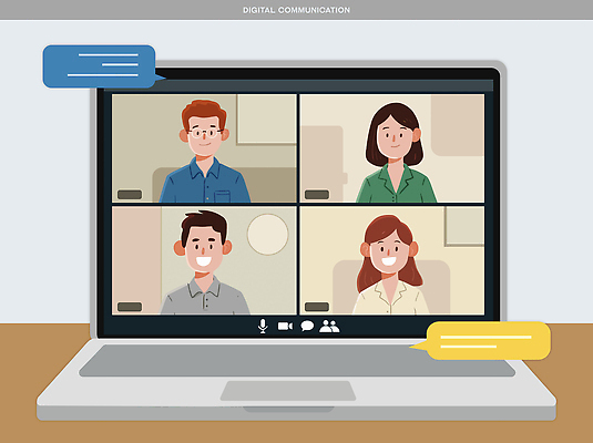 일러스트 회의 커뮤니케이션 기술 대화 사람 컴퓨터 스크린 공간 정보 업무 그룹 연결 디지털비즈니스 영상 온라인 소통 반응 화상 화상통화 국내일러스트 AI파일 컨셉 비즈니스 말하기 전자제품 작업 상처 통화 파일형식 벡터