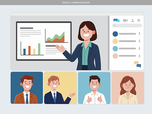 학생 교육 일러스트 회의 수업 커뮤니케이션 그래프 기술 대화 디지털 스크린 강사 정보 발표 플랫폼 디지털비즈니스 온라인 의견 소통 서류판 원격 참여 화상통화 국내일러스트 AI파일 직업 컨셉 비즈니스 교통시설 말하기 사무용품 통화 파일형식 벡터