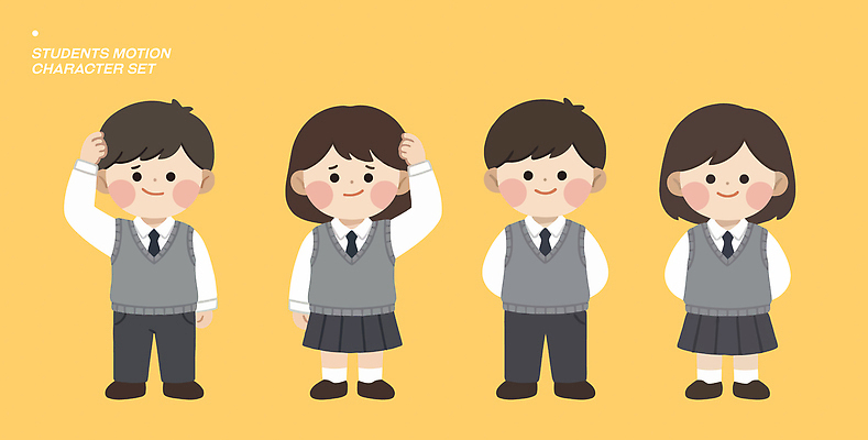 옷 교육 감정 컨셉 관계 표정 파일형식 벡터 학생 캐릭터 포즈 교복 즐거움 호기심 웃음 표현 그래픽 디자인 모션 학습 응원 친구 학교 국내일러스트 일러스트 AI파일