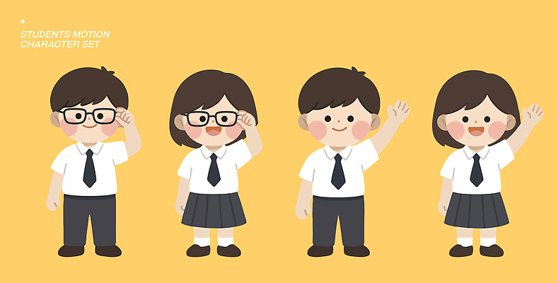 잡화 옷 컬러 다수 상의 하의 표정 신체부위 파일형식 벡터 학생 캐릭터 포즈 손 얼굴 웃음 셔츠 넥타이 치마 바지 디자인 그래픽 표현 모션 다양 세트 노란색 국내일러스트 일러스트 AI파일 교복