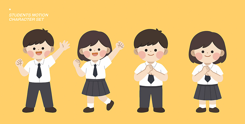 캐릭터 학생 감정 교복 어린이 일러스트 학교 모션 표정 웃음 친구 운동 표현 개성 손흔들기 국내일러스트 AI파일 옷 교육 관계 건강 사람 파일형식 벡터