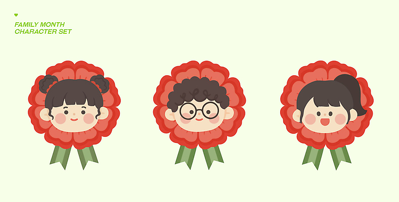 캐릭터 기념일 꽃 리본 문화 일러스트 가족 표정 이벤트 그래픽 세트 카네이션 즐거움 가정의달 뷰티풀 스타일 국내일러스트 AI파일 식물 감정 관계 5월 파일형식 벡터