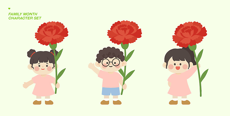 식물 꽃 감정 표정 사람 이벤트 5월 파일형식 벡터 가정의달 캐릭터 카네이션 어린이 포즈 기념일 사랑 표현 행복 웃음 심플 AI파일 국내일러스트 일러스트