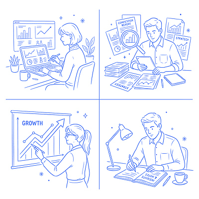 디자인 일러스트 비즈니스 회의 그래프 실험 컴퓨터 사무실 자료 경쟁 성장 기록 작업 결과 계획 분석 직원 보고서 문서 기획 전략 국내일러스트 AI파일 컨셉 전자제품 파일형식 벡터