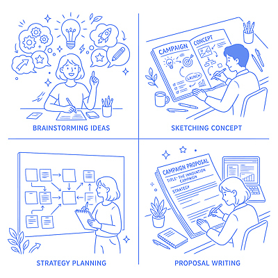 디자인 캠페인 생각 일러스트 협력 아이디어 사무실 기록 시간 발표 목표 계획 상품 스케치 분석 검사_조사 제안서 전략 문제해결 창의성 브레인스토밍 국내일러스트 AI파일 컨셉 비즈니스 미술 파일형식 벡터