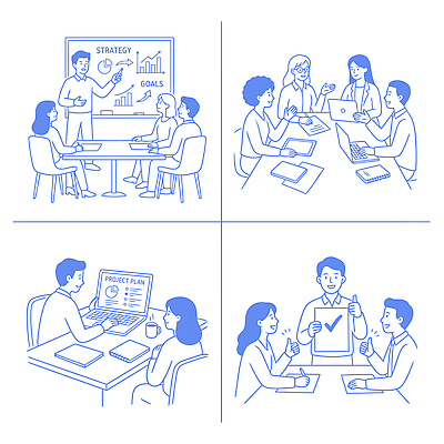 종이 일러스트 회의 협력 아이디어 대화 노트북 컴퓨터 사무실 메모지 시간 발표 목표 계획 토론 분석 회의실 전략 의견 담당자 프로젝트 국내일러스트 AI파일 컨셉 비즈니스 말하기 전자제품 사무용품 파일형식 벡터