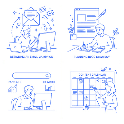 디자인 캠페인 일러스트 관리 사람 컴퓨터 디지털 달력 기록 작업 이메일 계획 분석 검색 전략 순위 온라인 마케팅 블로그 콘텐츠 국내일러스트 AI파일 컨셉 전자제품 파일형식 벡터