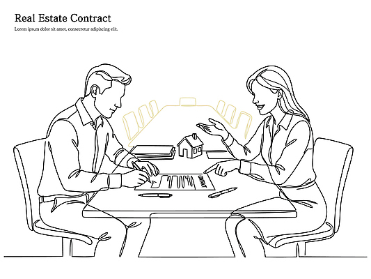 선 일러스트 비즈니스 탁자 회의 부동산 주택 대화 협상 사람 사무실 모형 거래 전문직 토론 고객 계약 서비스 상담 문서 서명 국내일러스트 AI파일 직업 가구 말하기 건물 재산 파일형식 벡터