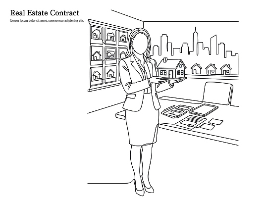 여자 선 일러스트 비즈니스 부동산 주택 금융 사무실 거래 도시 시장 전문직 책상 계약 상담 투자 상업 계약서 스카이라인 개발 국내일러스트 AI파일 직업 가구 사람 건물 경제 재산 파일형식 벡터