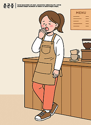 커피 음료 일러스트 생활 상점 앞치마 봄 카페 업무 기다림 졸음 직원 메뉴 바리스타 나무탁자 춘곤증 국내일러스트 AI파일 직업 계절 감정 모션 탁자 작업 질병 파일형식 벡터