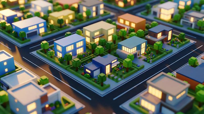 JPG 나무 편집이미지 도로 가로등 조명 주택 풍경 건물 마을 정원 미니어처 도시 저녁 지역 이웃 단독주택 이미지편집 AI컴퓨터그래픽 AI콘텐츠 식물 건축물 공공시설 길 교통시설 모형 밤 야간 파일형식