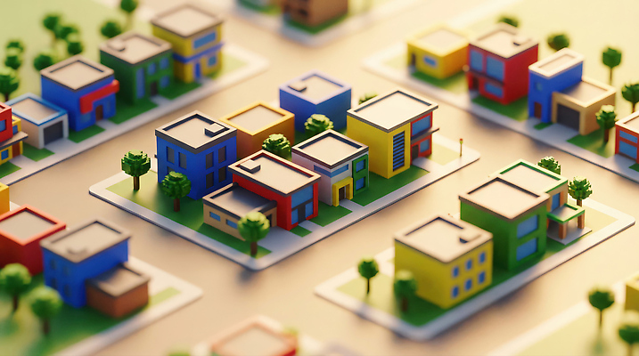 JPG 나무 편집이미지 컬러 거리 주택 건물 햇빛 모형 마을 환경 미니어처 도시 작음 배열 경관 이미지편집 AI컴퓨터그래픽 AI콘텐츠 식물 건축물 풍경 태양 크기 파일형식