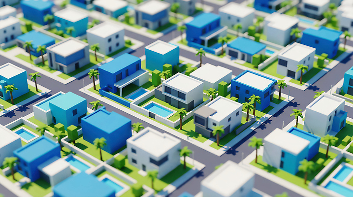 JPG 나무 편집이미지 건축물 거리 주택 수영장 건물 파란색 마을 정원 미니어처 흰색 도시 주택가 이미지편집 AI컴퓨터그래픽 AI콘텐츠 식물 건축 컬러 모형 파일형식