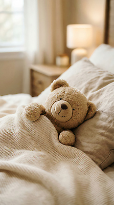 JPG 편집이미지 베개 아침 휴식 조명 실내 따뜻함 인테리어 곰인형 방 침대 포근함 편안함 담요 오브젝트 편집실사 AI포토 AI콘텐츠 주간 디자인 인형 가구 컨셉 침구 내부 감각 CG 파일형식