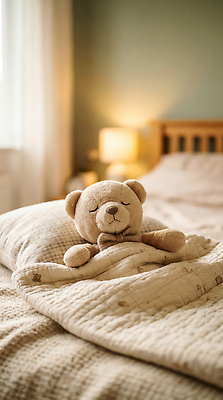 JPG 편집이미지 가구 베개 아침 휴식 조명 실내 장식 장난감 곰인형 방 침대 수면 포근함 편집실사 AI포토 AI콘텐츠 주간 인형 생활용품 컨셉 침구 내부 감각 CG 파일형식