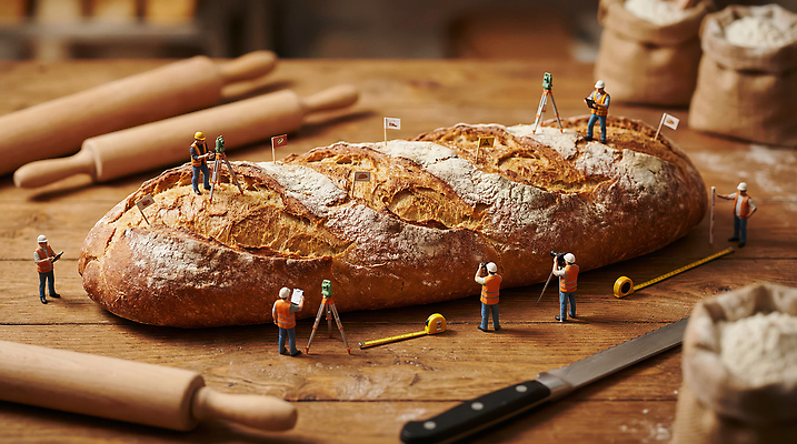 JPG 편집이미지 빵 모션 주방용품 여러명 주방 미니어처 탐험 도구 작업 크기 측정 밀대 빵가루 빵칼 편집실사 AI컴퓨터그래픽 AI콘텐츠 음식 생활용품 다수 사람 모형 나이프 CG 파일형식