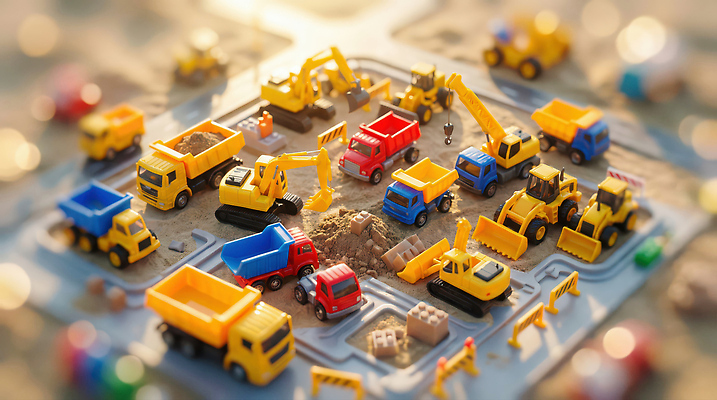 JPG 편집이미지 건축 모래 공사 빨간색 장난감 노란색 미니어처 장비 건설현장 트럭 작업장 오브젝트 기중기 덤프트럭 편집실사 AI컴퓨터그래픽 AI콘텐츠 산업 컬러 자동차 건설업 모형 중장비 CG 파일형식