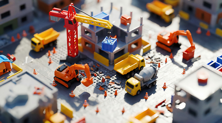 JPG 편집이미지 건축 도로 공사 건물 기계 미니어처 장비 건설현장 작업 구조물 굴착기 기중기 시멘트 자재 덤프트럭 편집실사 AI컴퓨터그래픽 AI콘텐츠 건축물 길 교통시설 건설업 모형 트럭 중장비 CG 파일형식