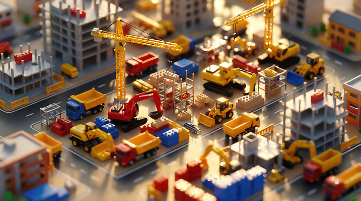 JPG 편집이미지 건축 도로 자동차 공사 건물 기계 블록 미니어처 장비 건설현장 도시 작업 구조물 기중기 조경 편집실사 AI컴퓨터그래픽 AI콘텐츠 건축물 길 육상교통 교통시설 건설업 모형 중장비 CG 파일형식