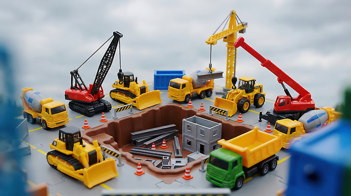 JPG 편집이미지 건축 안전 파란색 노란색 모형 미니어처 장비 건설현장 트럭 작업 구멍 구조물 불도저 기중기 콘크리트 편집실사 AI컴퓨터그래픽 AI콘텐츠 컬러 자동차 건설업 중장비 CG 파일형식
