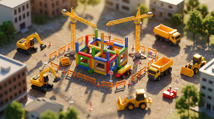 JPG 편집이미지 건축 자동차 경고 안전 모형 미니어처 장비 건설현장 작업 구조물 포크레인 기중기 조경 편집실사 AI컴퓨터그래픽 AI콘텐츠 육상교통 건설업 중장비 CG 파일형식