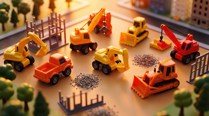 JPG 편집이미지 건축 이동 자동차 건물 모형 흙 미니어처 장비 건설현장 작업 작음 포크레인 불도저 기중기 덤프트럭 작업자 편집실사 AI컴퓨터그래픽 AI콘텐츠 건축물 육상교통 컨셉 건설업 트럭 중장비 크기 CG 파일형식