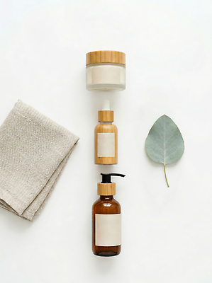 JPG 편집이미지 디자인 잎 수건 뷰티 화장품 배열 크림 유기농 소재 스킨케어 편집실사 AI포토 AI콘텐츠 식물 웰빙 위생용품 CG 파일형식