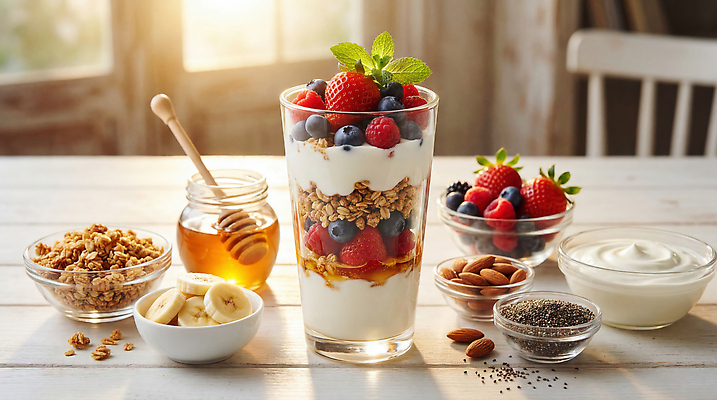 JPG 편집이미지 과일 재료 딸기 아침 디저트 바나나 블루베리 아몬드 파르페 꿀 요거트 건강식 그래놀라 그릭요거트 편집실사 AI포토 AI콘텐츠 주간 음식 유제품 견과류 CG 파일형식