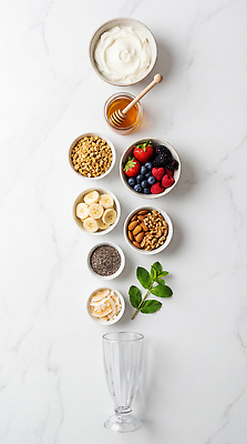 JPG 편집이미지 과일 재료 딸기 바나나 견과류 민트 블루베리 아몬드 파르페 꿀 건강식 그래놀라 그릭요거트 치아시드 편집실사 AI포토 AI콘텐츠 음식 디저트 씨앗 허브 CG 요거트 파일형식