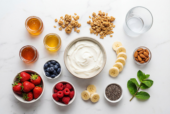 JPG 편집이미지 과일 딸기 디저트 바나나 물 견과류 아침식사 민트 블루베리 산딸기 아몬드 파르페 꿀 요거트 건강식 그래놀라 그릭요거트 편집실사 AI포토 AI콘텐츠 자연요소 음식 유제품 식사 허브 CG 파일형식