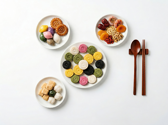 JPG 편집이미지 접시 한식 음식 컬러 과일 디저트 떡 송편 대추 한과 약과 다과 나무숟가락 나무젓가락 곶감 다과상 다식 꿀떡 편집실사 AI포토 AI콘텐츠 식기 젓가락 감 숟가락 전통음식 CG 건과일 파일형식