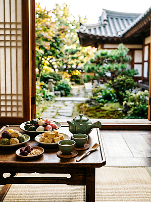 JPG 나무 편집이미지 전통 자연 탁자 디저트 평화 정원 송편 다과 다과상 오후 인절미 편집실사 AI포토 AI콘텐츠 식물 음식 가구 컨셉 떡 CG 생태계 파일형식