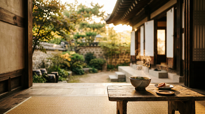 JPG 편집이미지 전통 그릇 음식 자연 탁자 한옥 한국 내부 햇빛 정원 다과 다과상 오후 편집실사 AI포토 AI콘텐츠 한국전통 식기 아시아 가구 고건축 디저트 태양 CG 생태계 파일형식