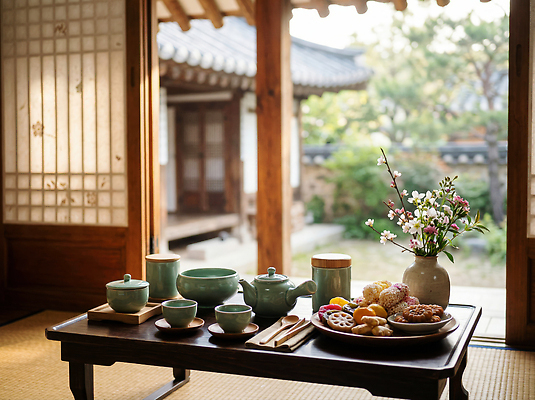 JPG 편집이미지 그릇 창문 탁자 한옥 한국 내부 과자 정원 다과 다과상 편집실사 AI포토 AI콘텐츠 한국전통 식기 아시아 가구 고건축 디저트 CG 파일형식